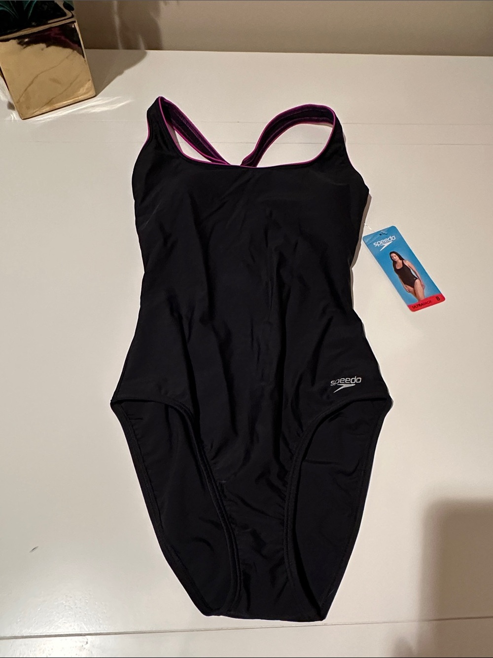 Speedo Women's Black and Purple One-Piece Swimsuit